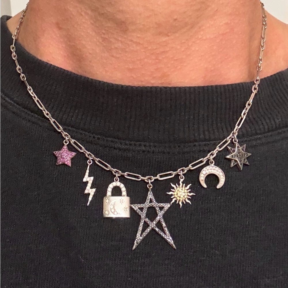 Celestial Charm Chain Necklace with Star, Moon, and Lightning Pendants in Silver